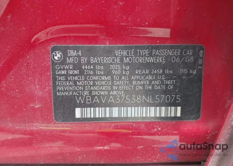 2008 BMW 328I z USA, uszkodzony, nr VIN WBAVA37538NL57075